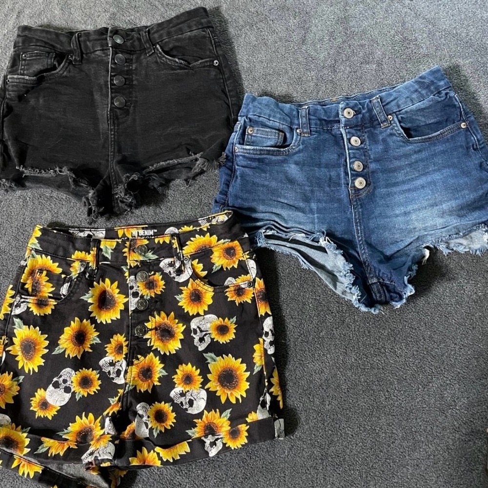 Juniors Size 3 Shorts Trio - Black, Blue, Floral No Boundaries and HT Denim
